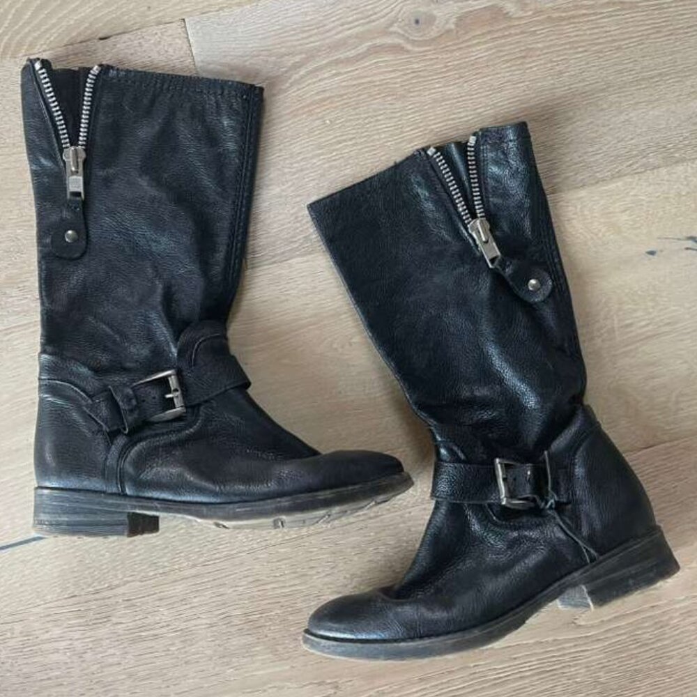 Bed Stu black leather mid-calf moto boots